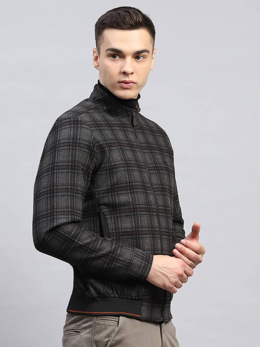 Men Black Check Mock Neck Full Sleeve Knitted Jacket - Image 4