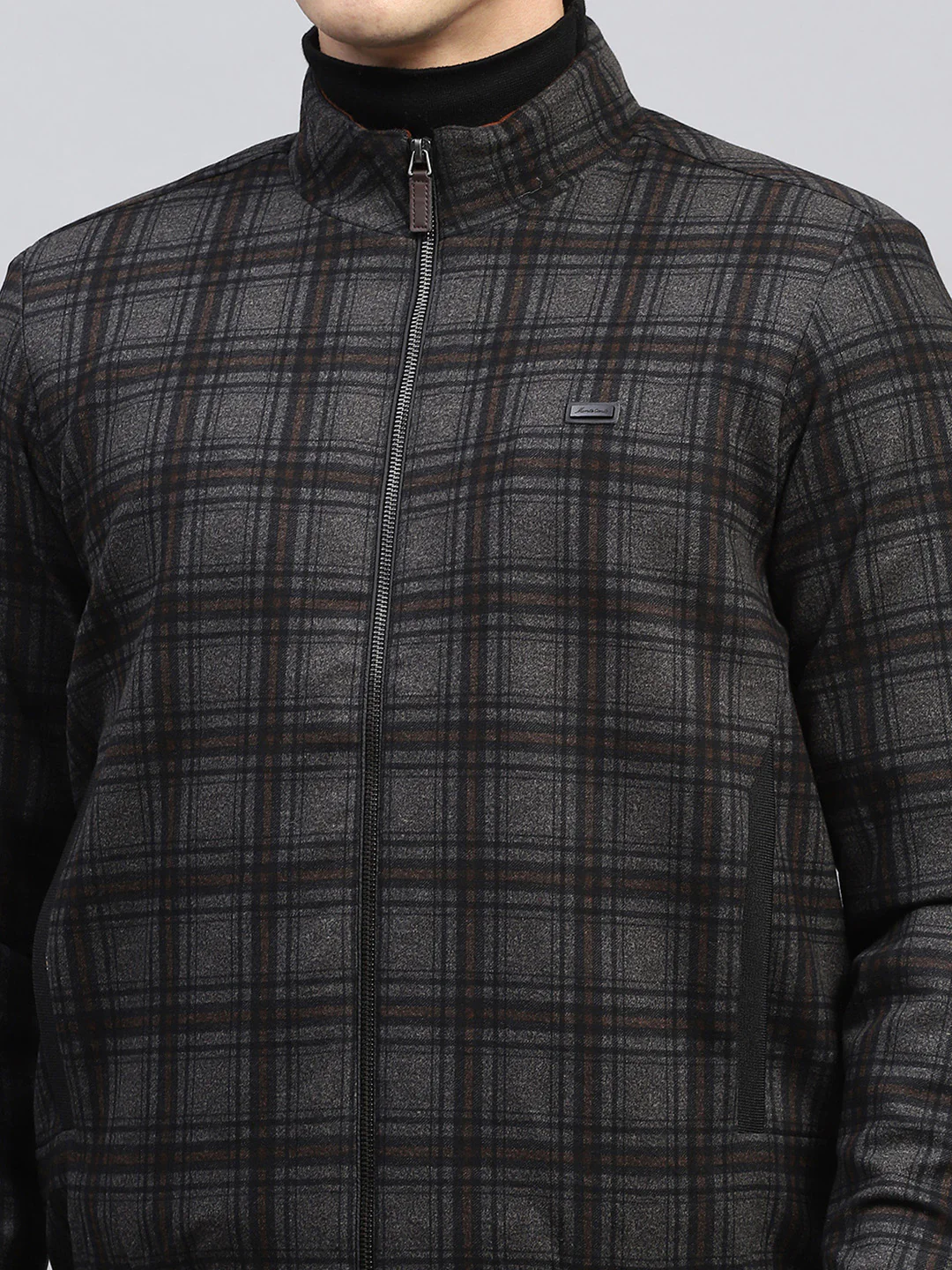 Men Black Check Mock Neck Full Sleeve Knitted Jacket - Image 7