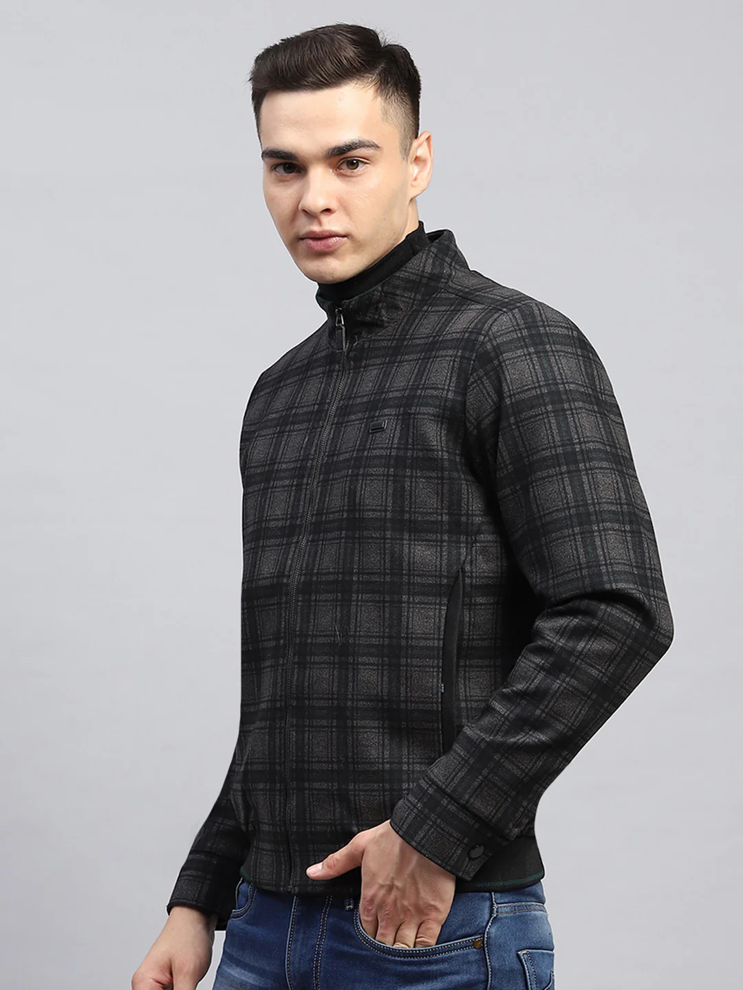 Men Black Check Mock Neck Full Sleeve Knitted Jacket - Image 3