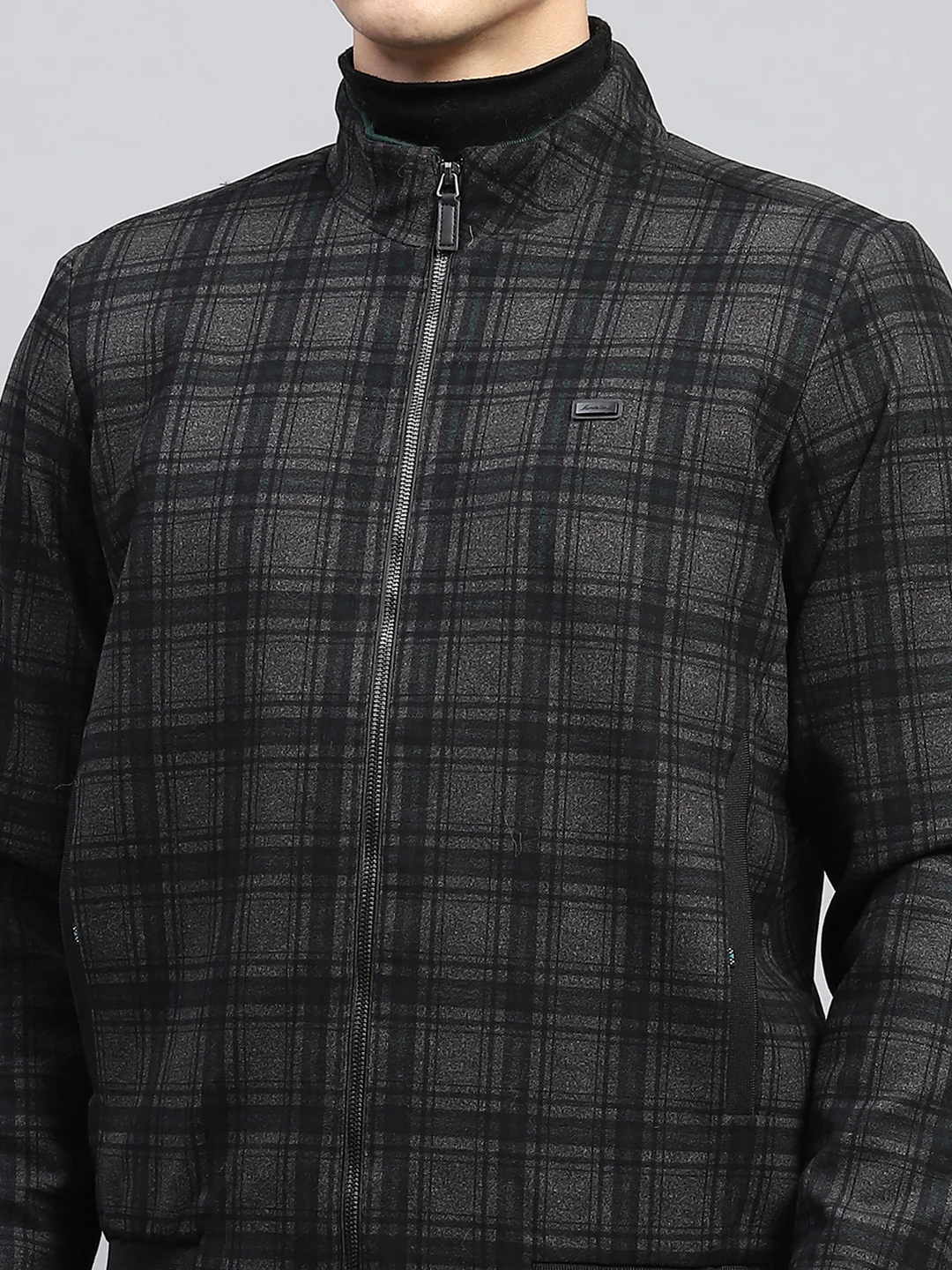 Men Black Check Mock Neck Full Sleeve Knitted Jacket - Image 6