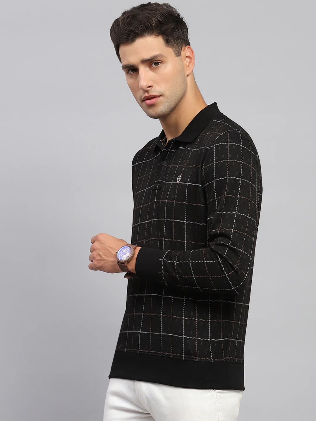 Men Black Check Polo Collar Full Sleeve Sweatshirt - Image 3