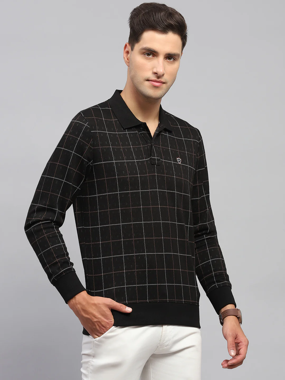Men Black Check Polo Collar Full Sleeve Sweatshirt - Image 4