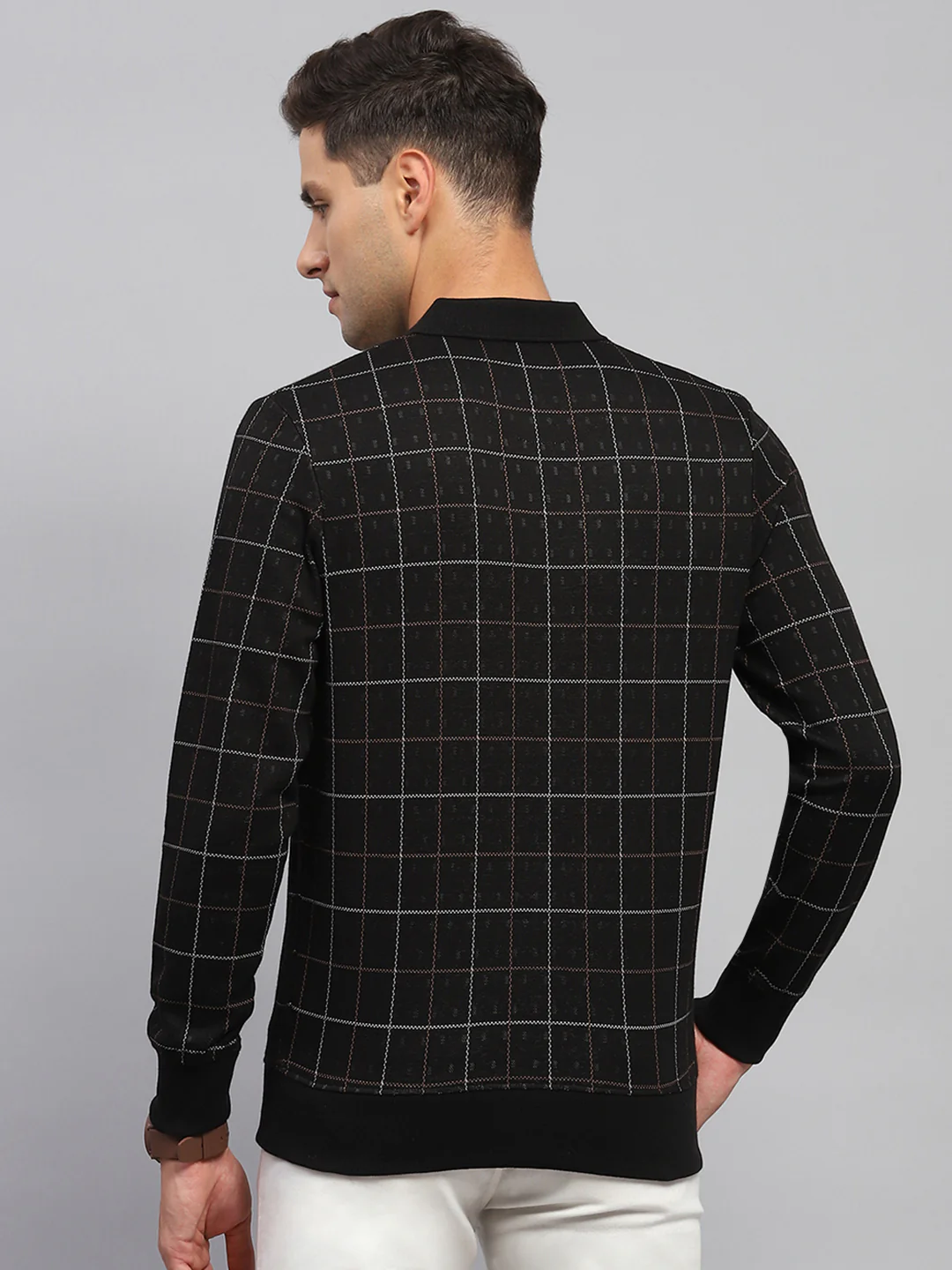 Men Black Check Polo Collar Full Sleeve Sweatshirt - Image 5