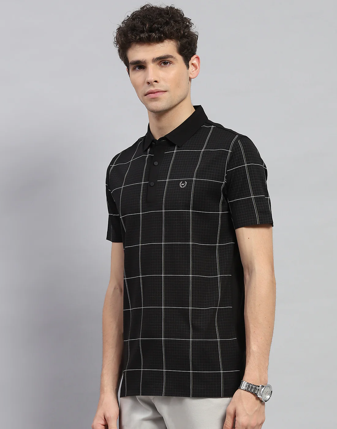 Men Black Check Polo Collar Half Sleeve T-Shirt - Image 3