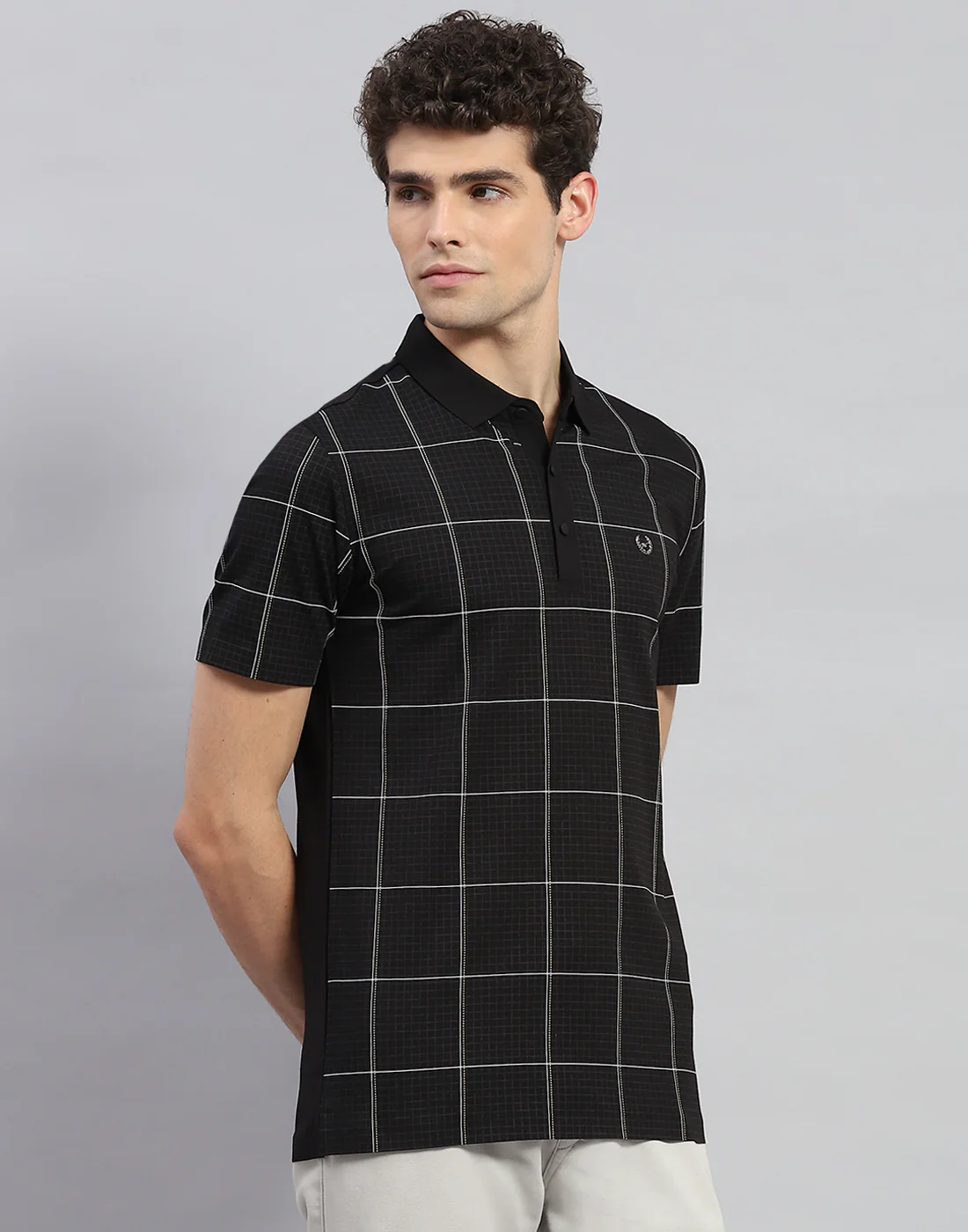 Men Black Check Polo Collar Half Sleeve T-Shirt - Image 4