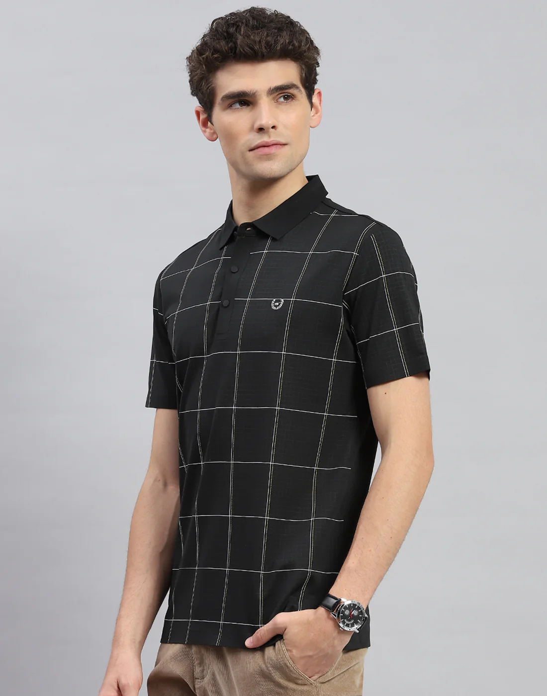 Men Black Check Polo Collar Half Sleeve T-Shirt - Image 3