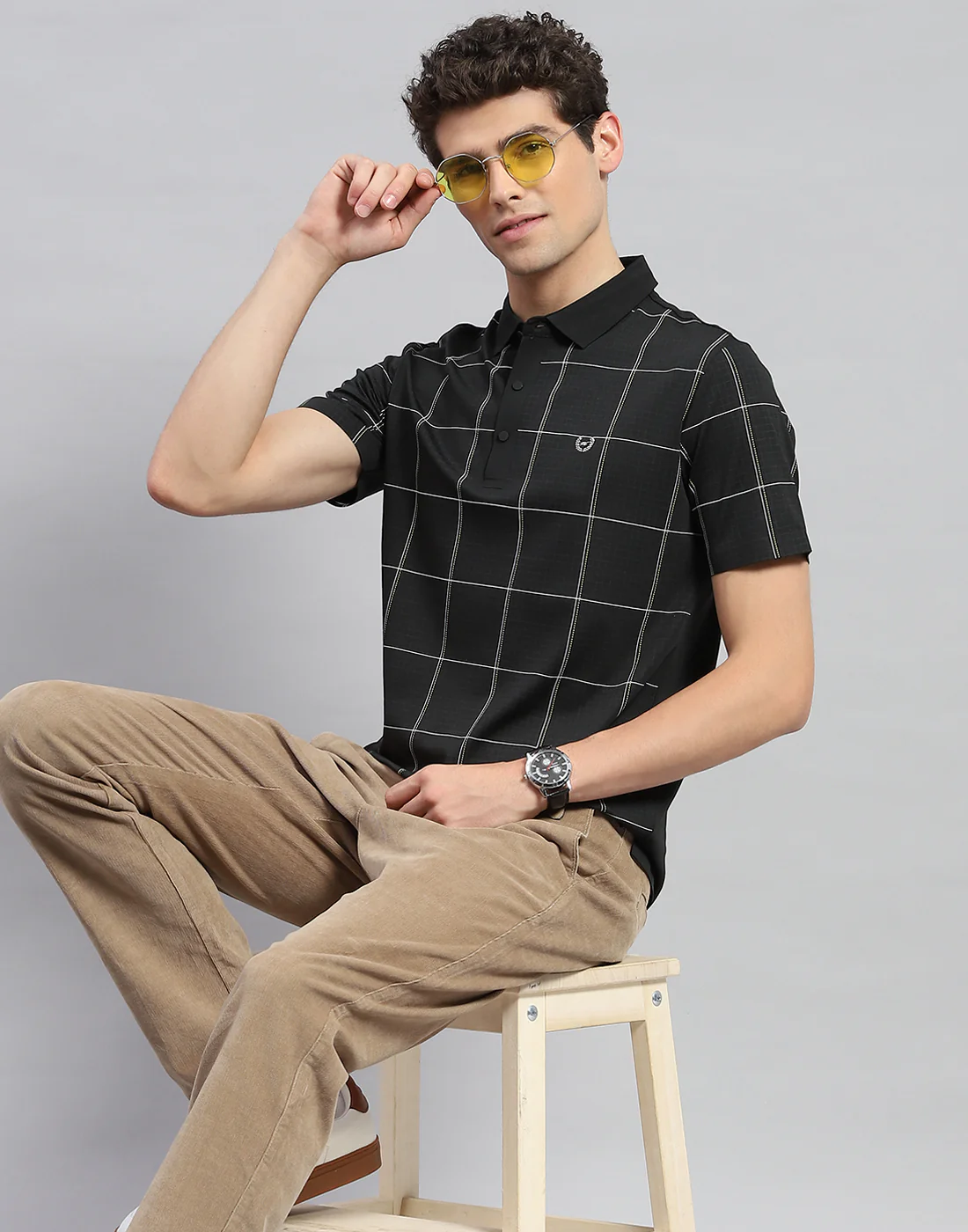 Men Black Check Polo Collar Half Sleeve T-Shirt - Image 6