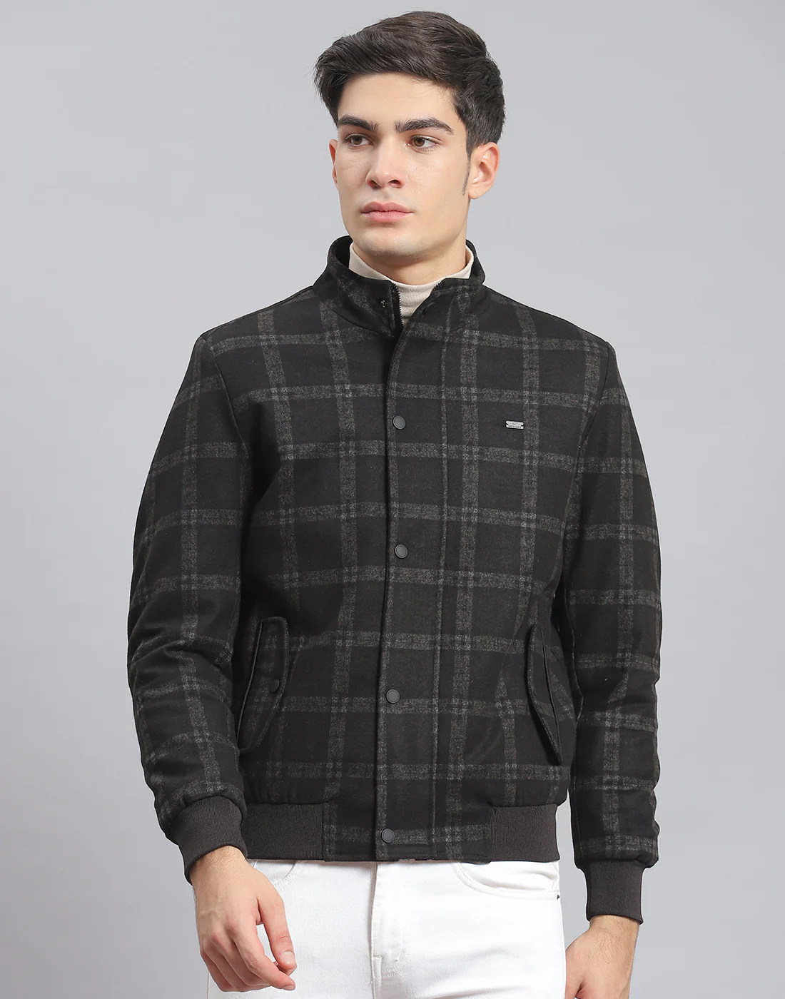 Men Black Check Stand Collar Full Sleeve Coat - Image 2