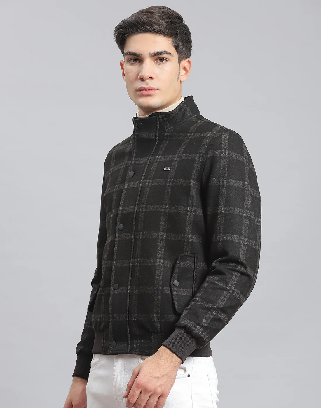 Men Black Check Stand Collar Full Sleeve Coat - Image 3