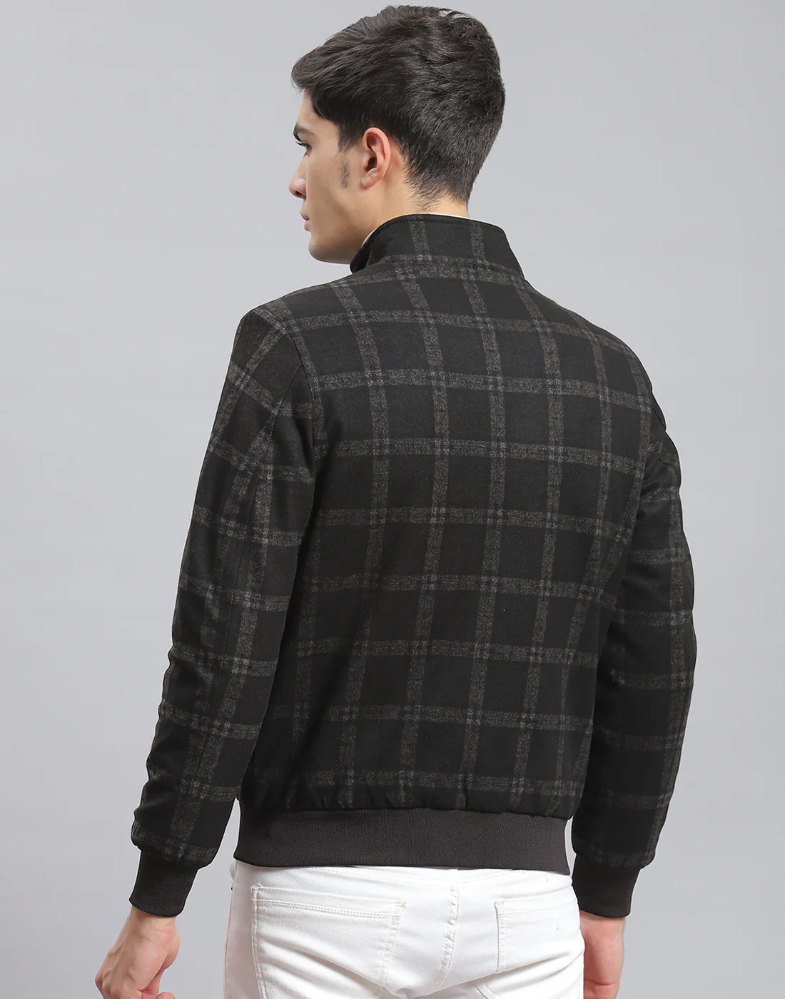 Men Black Check Stand Collar Full Sleeve Coat - Image 5
