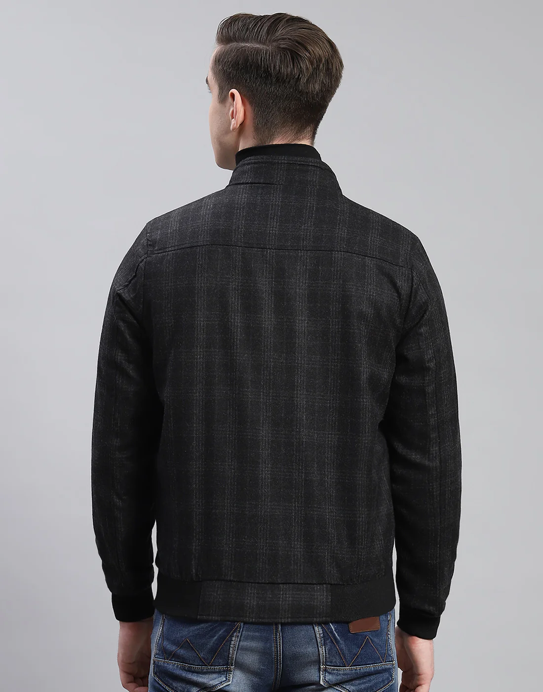 Men Black Check Stand Collar Full Sleeve Coat - Image 5