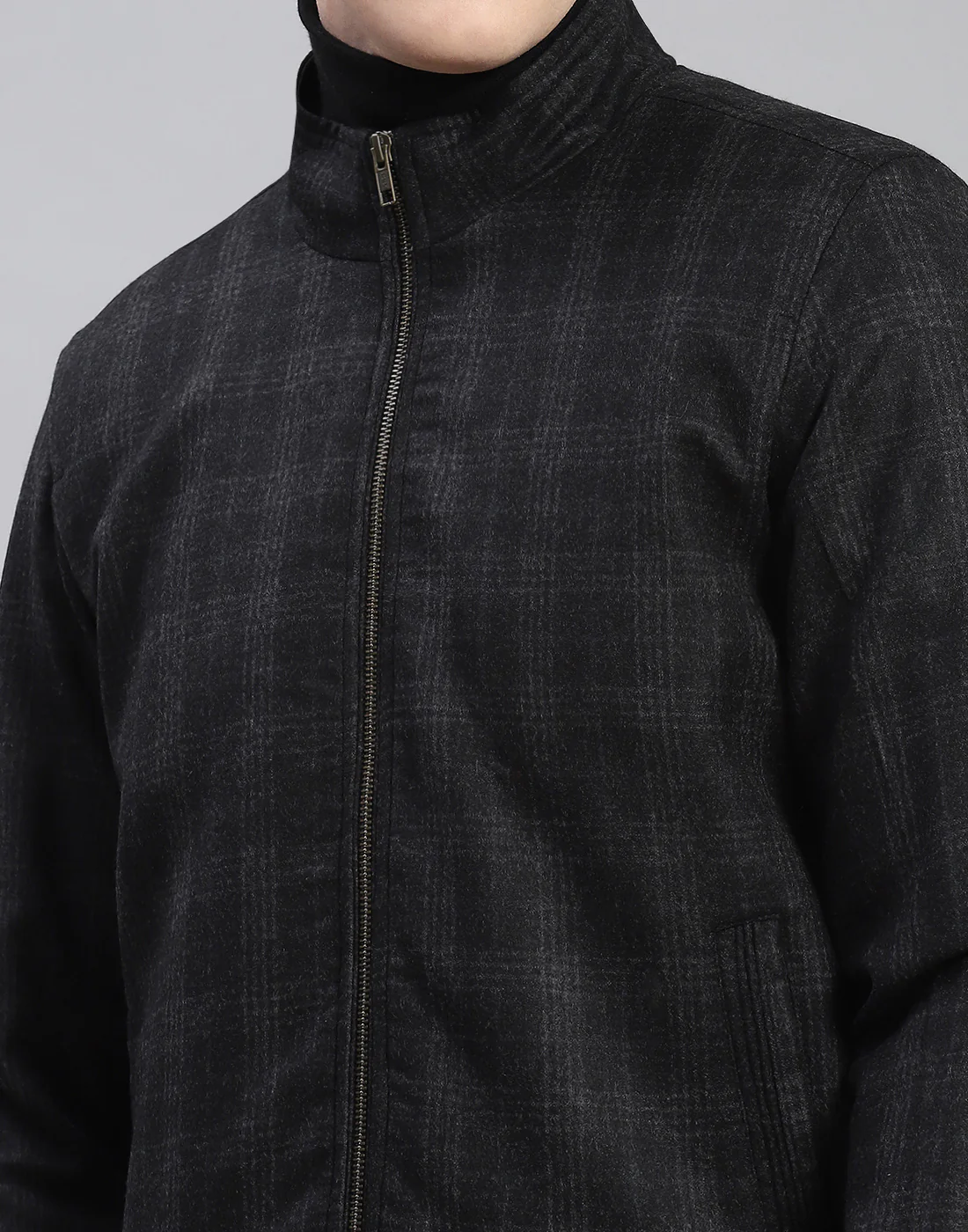 Men Black Check Stand Collar Full Sleeve Coat - Image 6