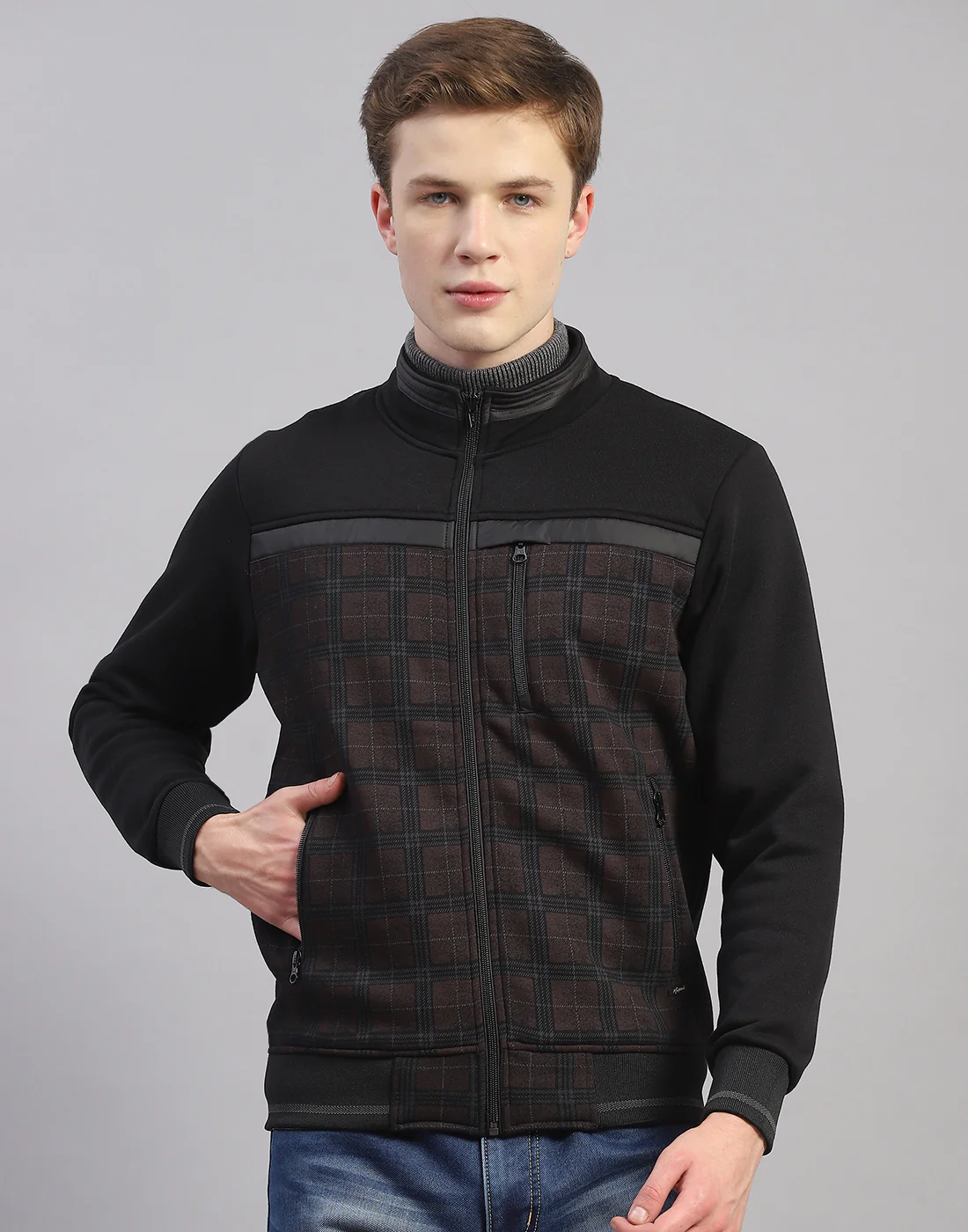 Men Black Check Stand Collar Full Sleeve Sweatshirt - Image 2