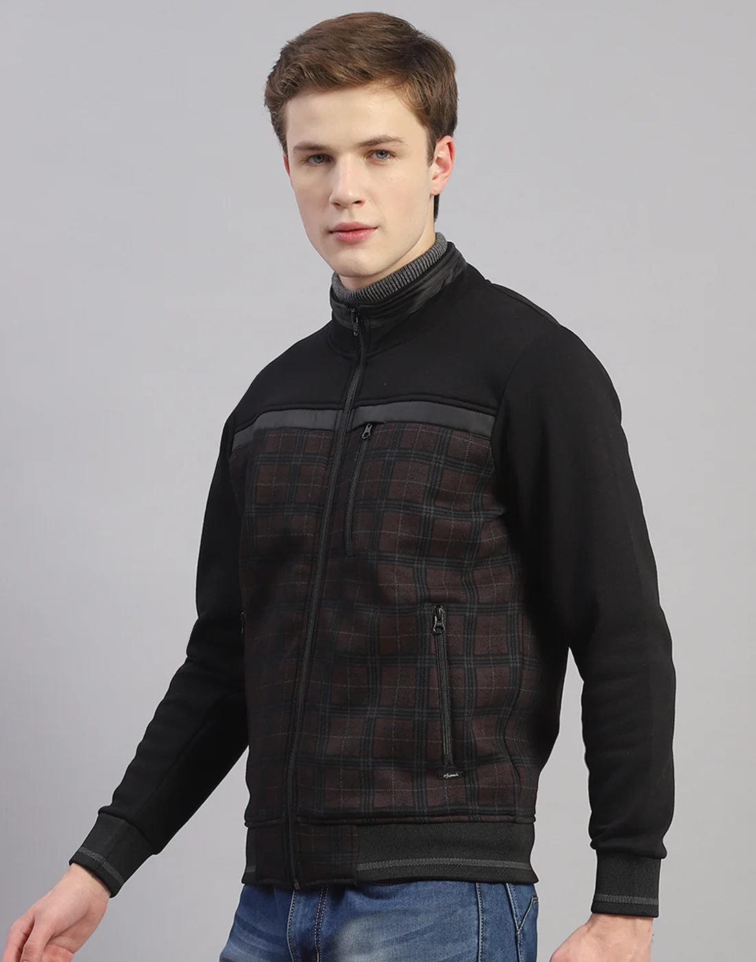 Men Black Check Stand Collar Full Sleeve Sweatshirt - Image 3