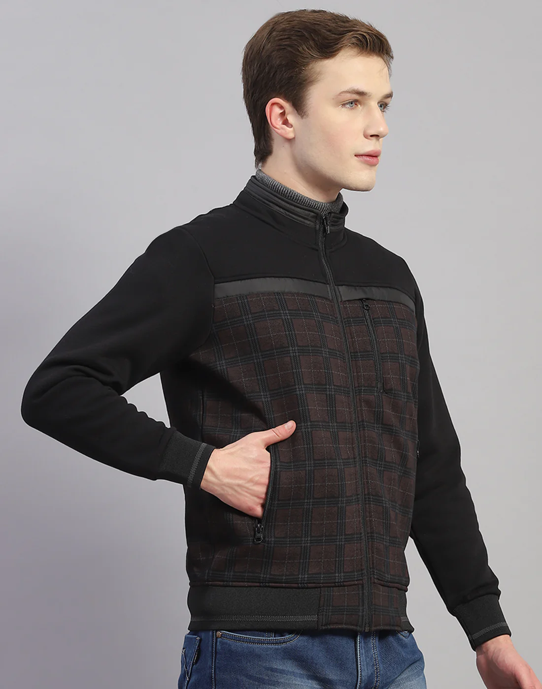 Men Black Check Stand Collar Full Sleeve Sweatshirt - Image 4