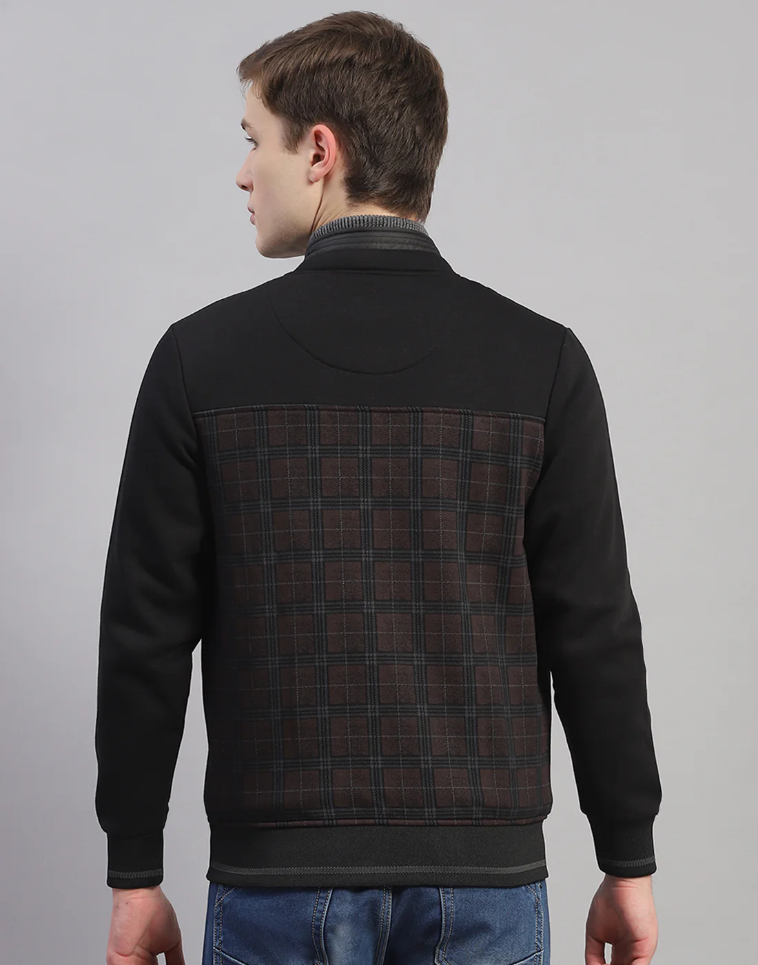 Men Black Check Stand Collar Full Sleeve Sweatshirt - Image 5