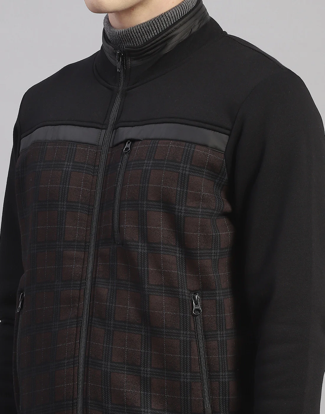 Men Black Check Stand Collar Full Sleeve Sweatshirt - Image 7