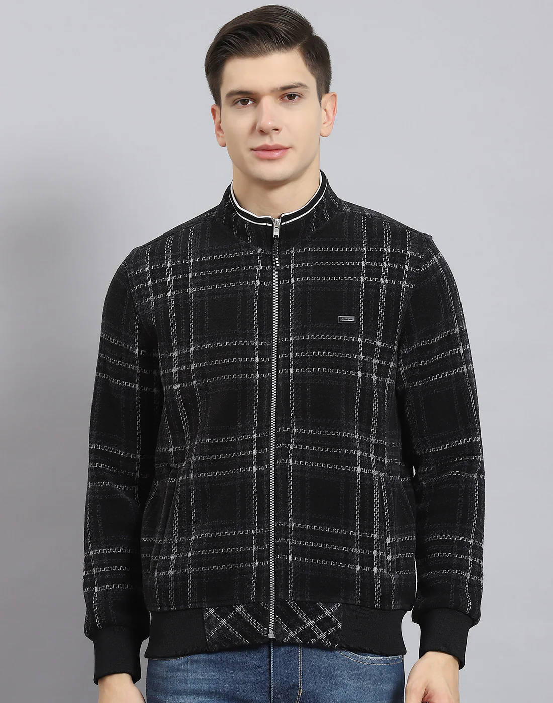 Men Black Check Stand Collar Full Sleeve Sweatshirt - Image 3