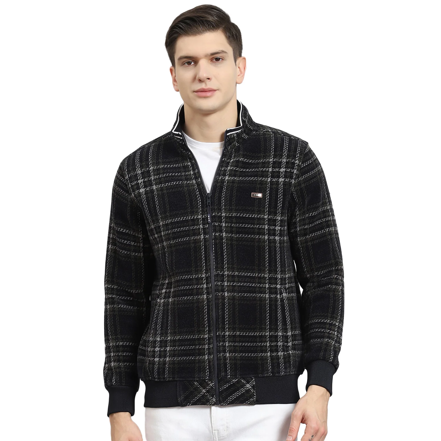 Men Black Check Stand Collar Full Sleeve Sweatshirt - Image 5