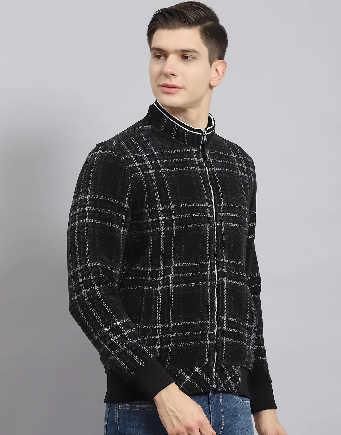 Men Black Check Stand Collar Full Sleeve Sweatshirt - Image 6