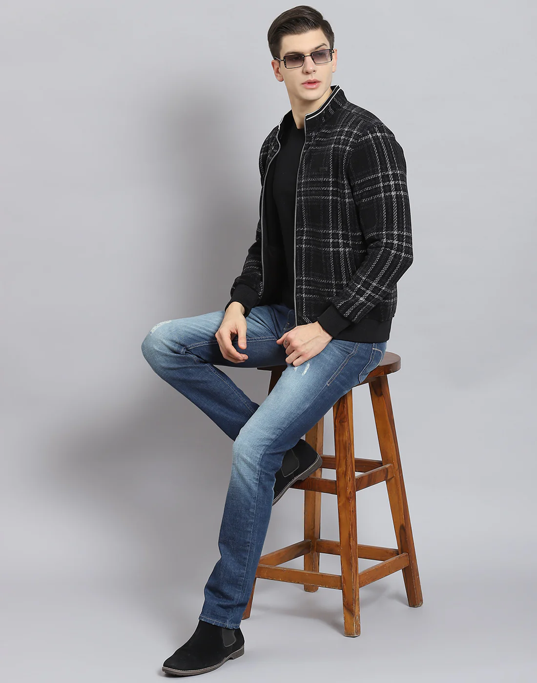 Men Black Check Stand Collar Full Sleeve Sweatshirt - Image 7