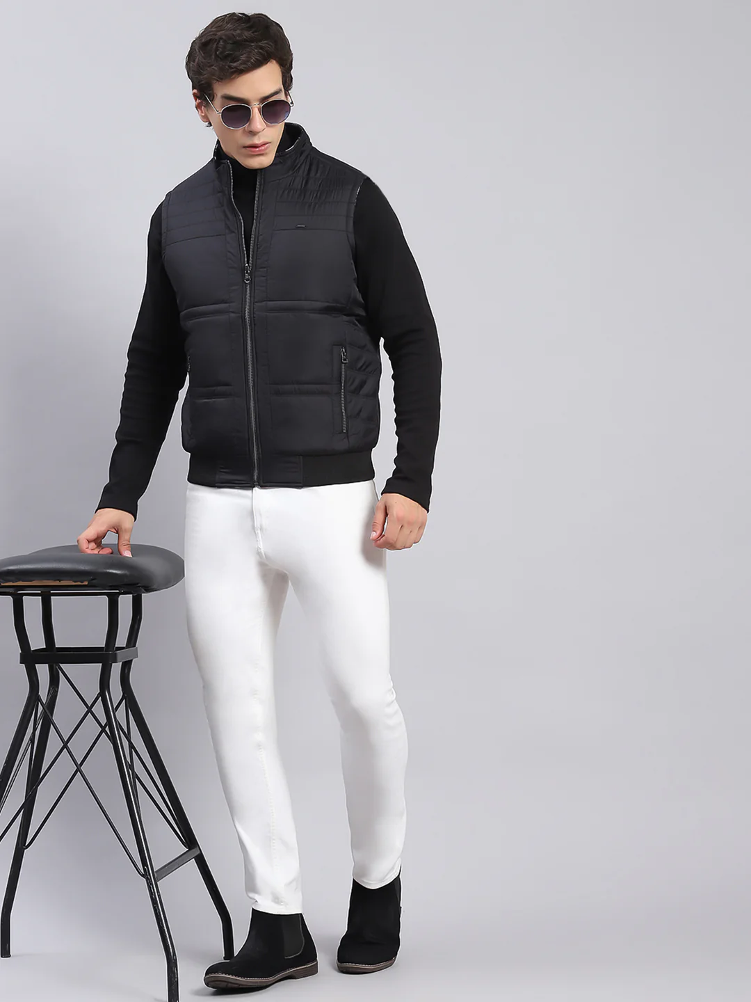 Men Black Check Stand Collar Sleeveless Jackets - Image 2