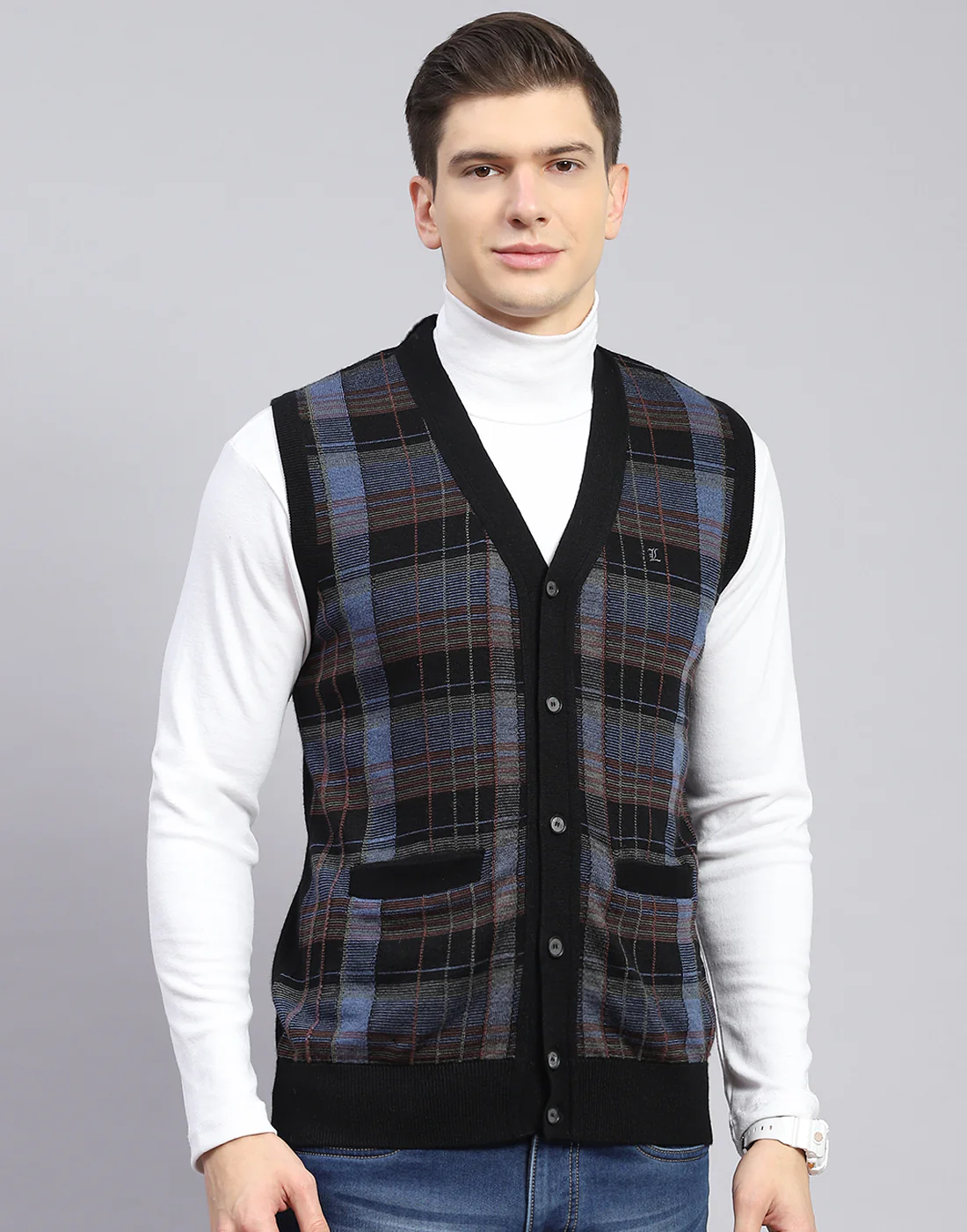 Men Black Check V Neck Sleeveless Sweater - Image 3