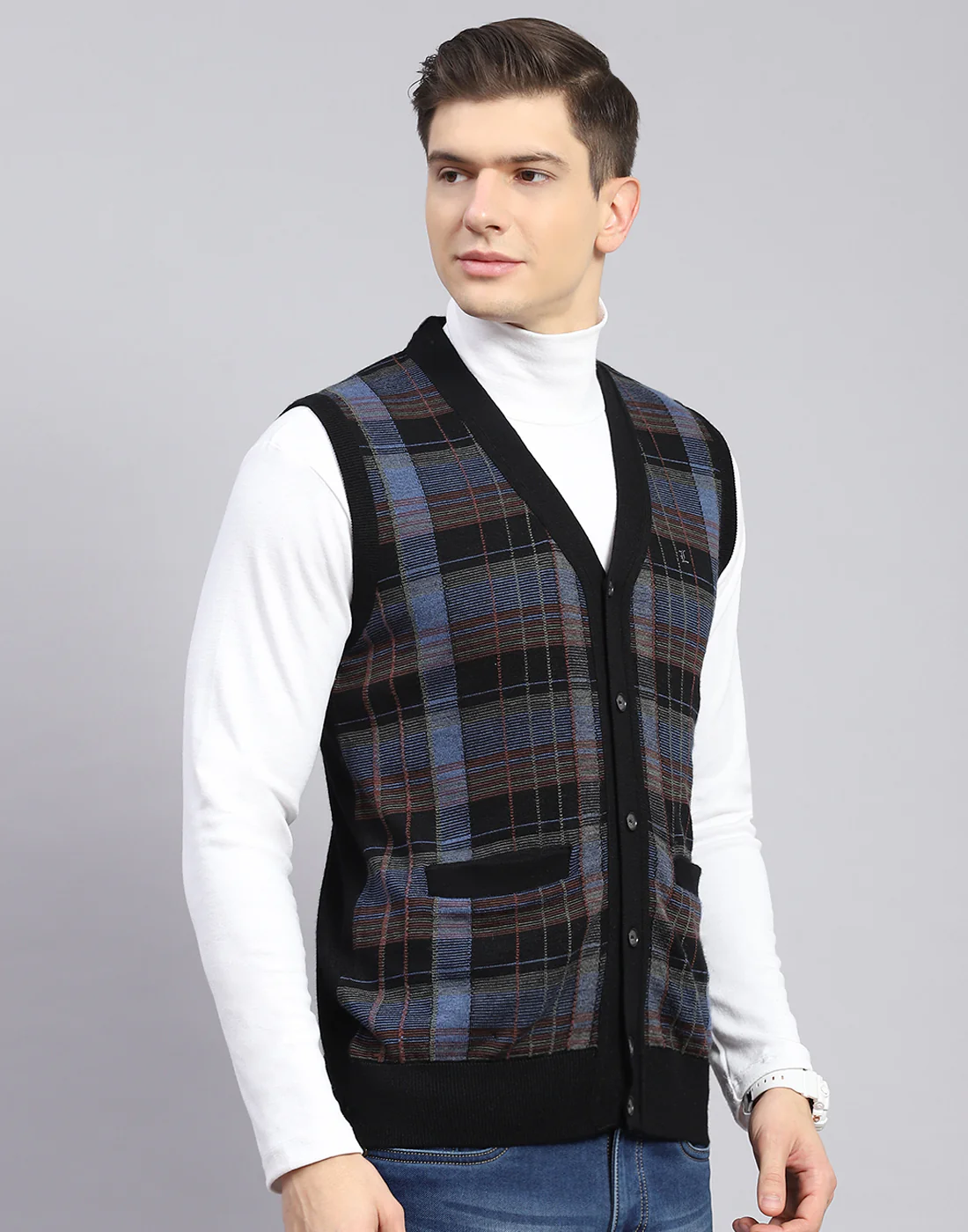 Men Black Check V Neck Sleeveless Sweater - Image 6