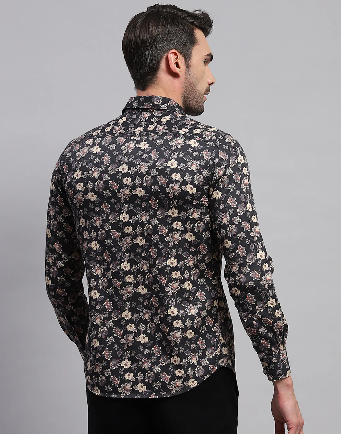Men Black Floral Print Collar Neck Full Sleeve Shirt - Image 5