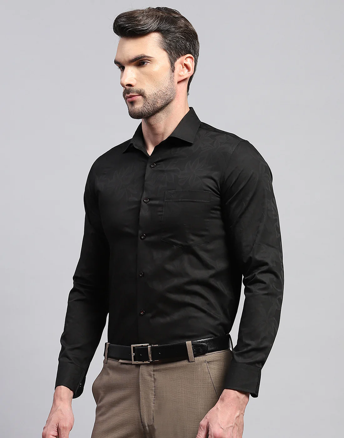Men Black Floral Print Collar Neck Full Sleeve Shirt - Image 4