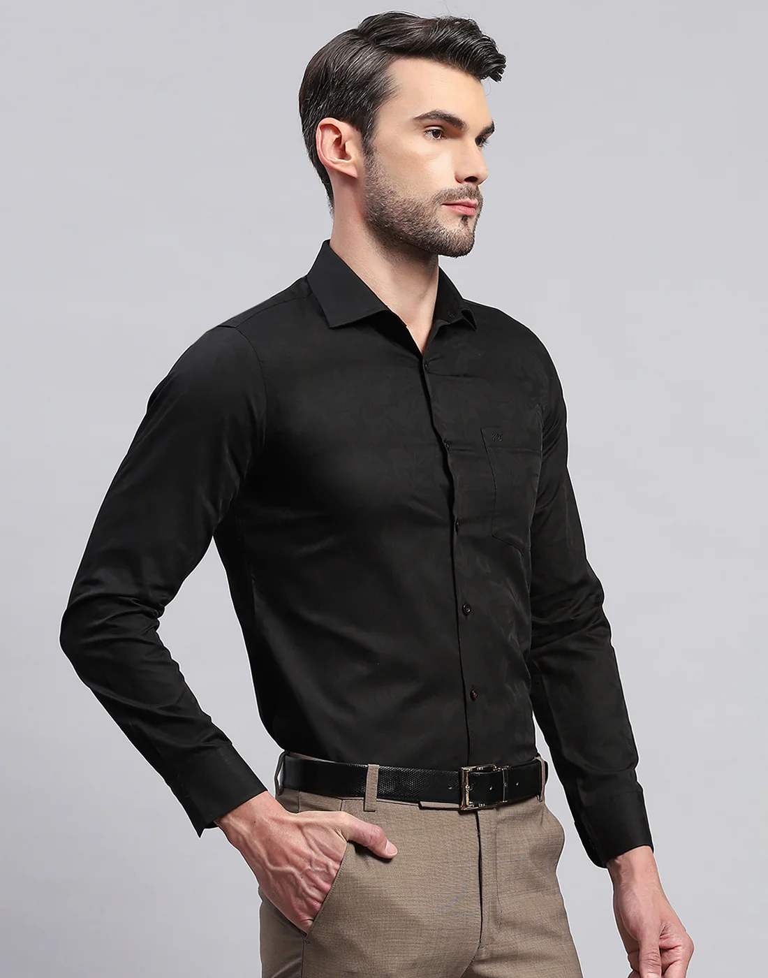 Men Black Floral Print Collar Neck Full Sleeve Shirt - Image 5