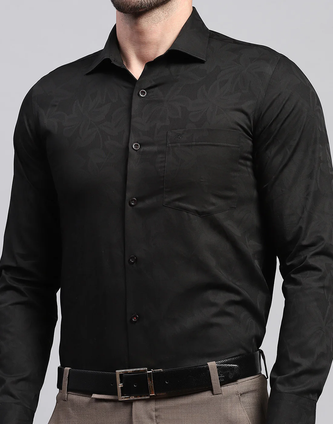 Men Black Floral Print Collar Neck Full Sleeve Shirt - Image 7