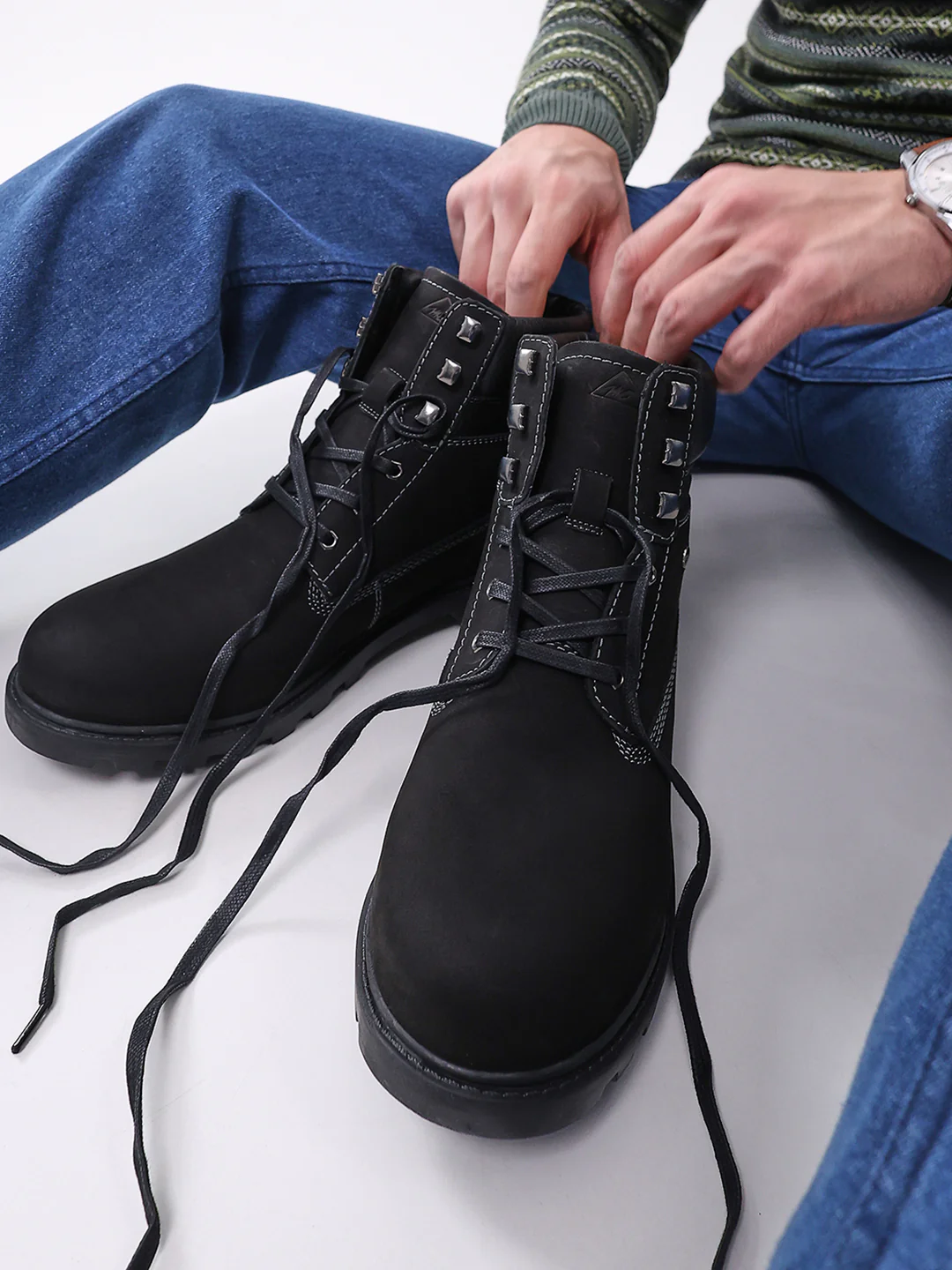 Men Black Genuine Leather Lace Up Boots - Image 12
