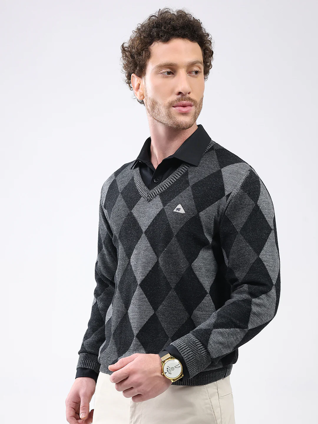 Men Black Geometric V Neck Full Sleeve Pullover - Image 3