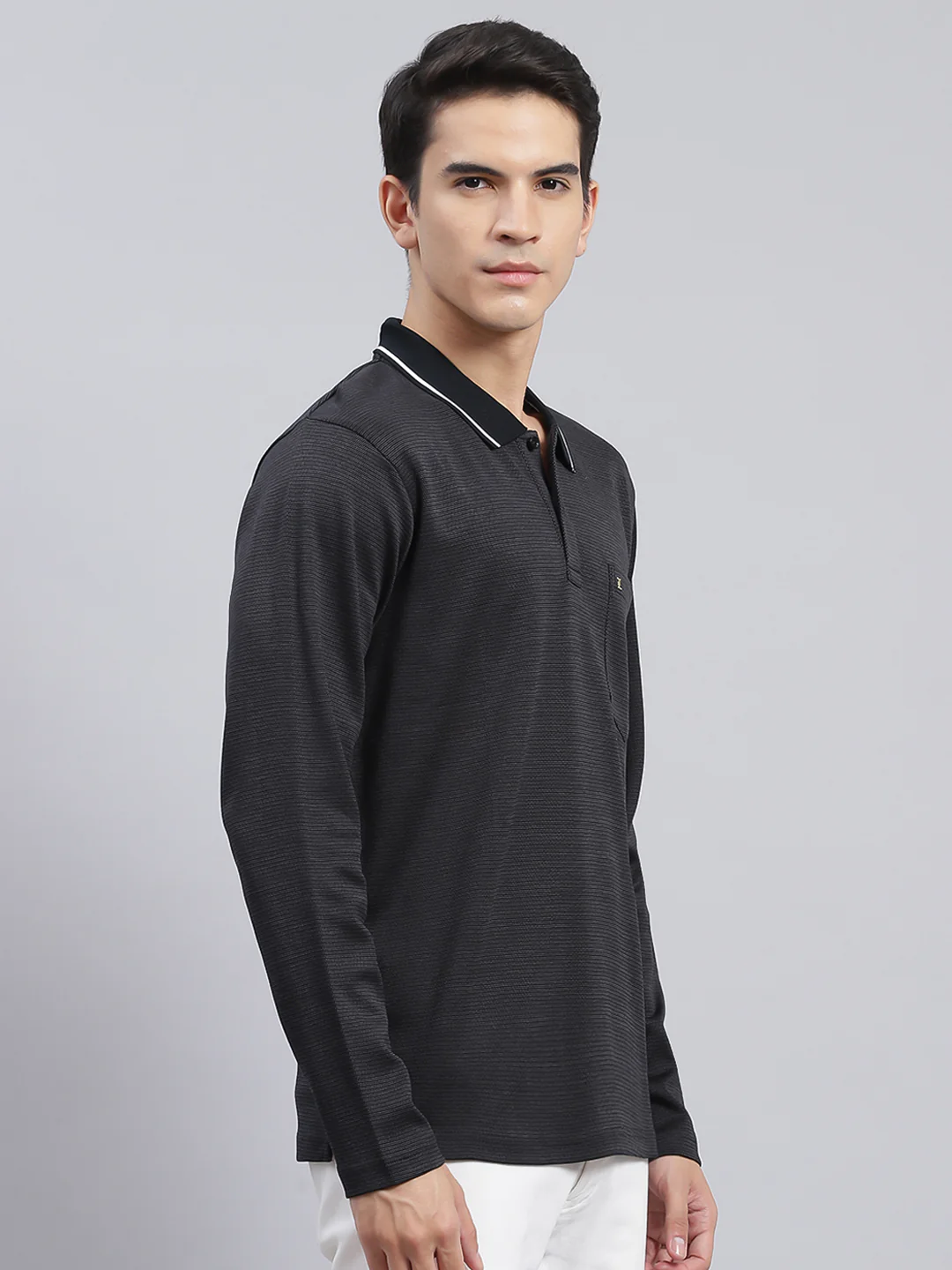 Men Black Jaquard Double Mercerized Cotton T-Shirt - Image 3