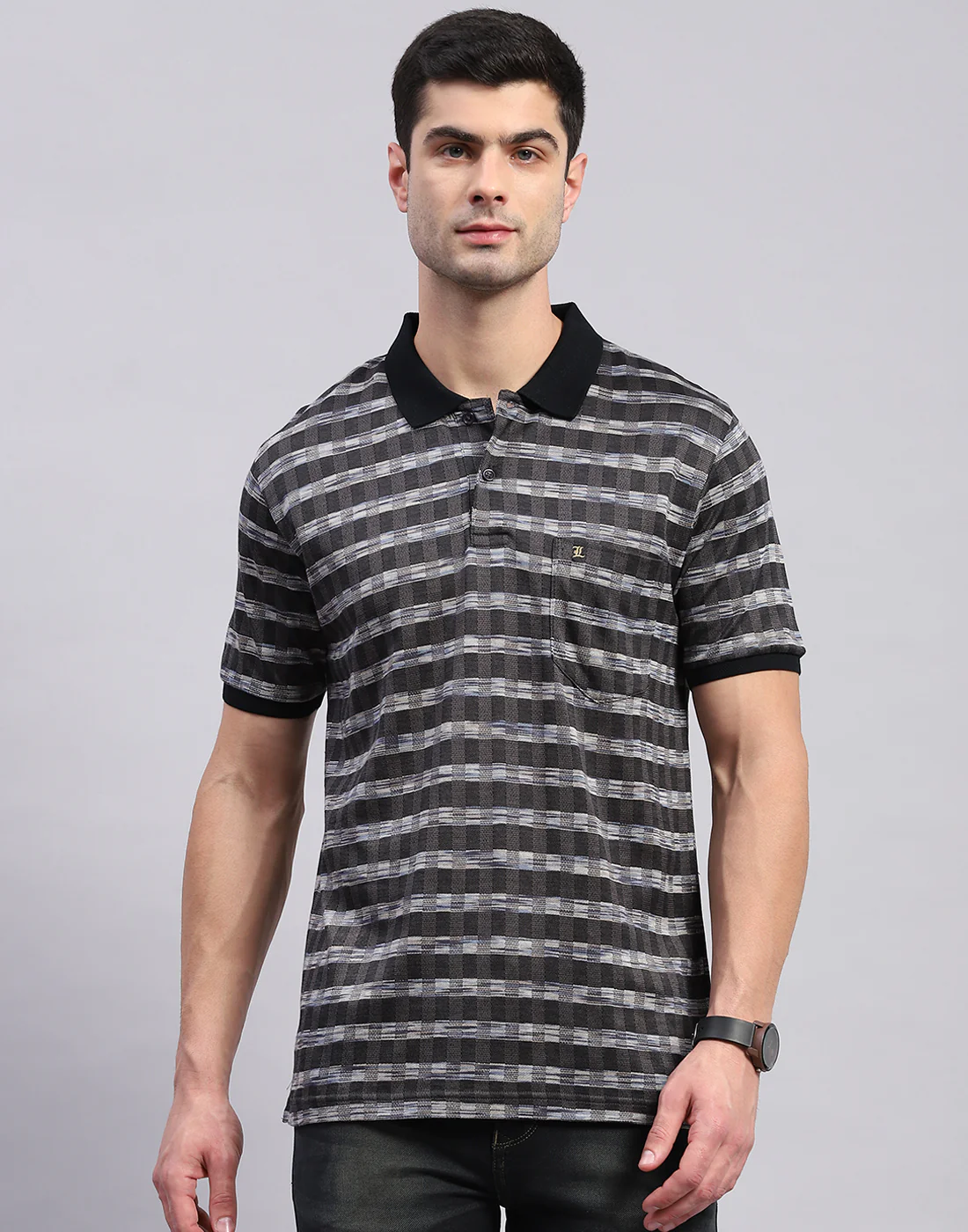 Men Black Jaquard Polo Collar Half Sleeve T-Shirt - Image 3
