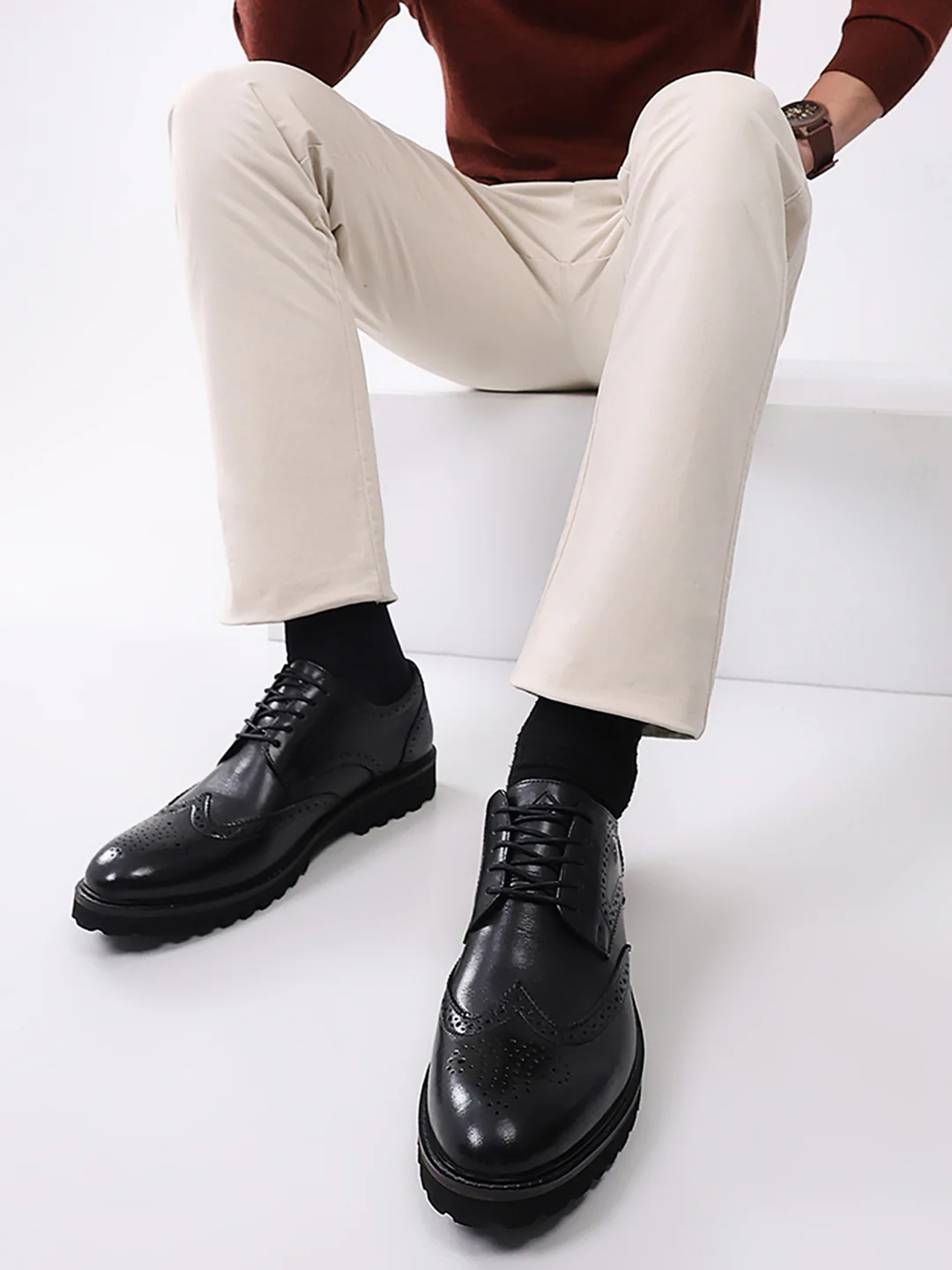 Men Black Lace Up Genuine Leather Formal Brogues - Image 11