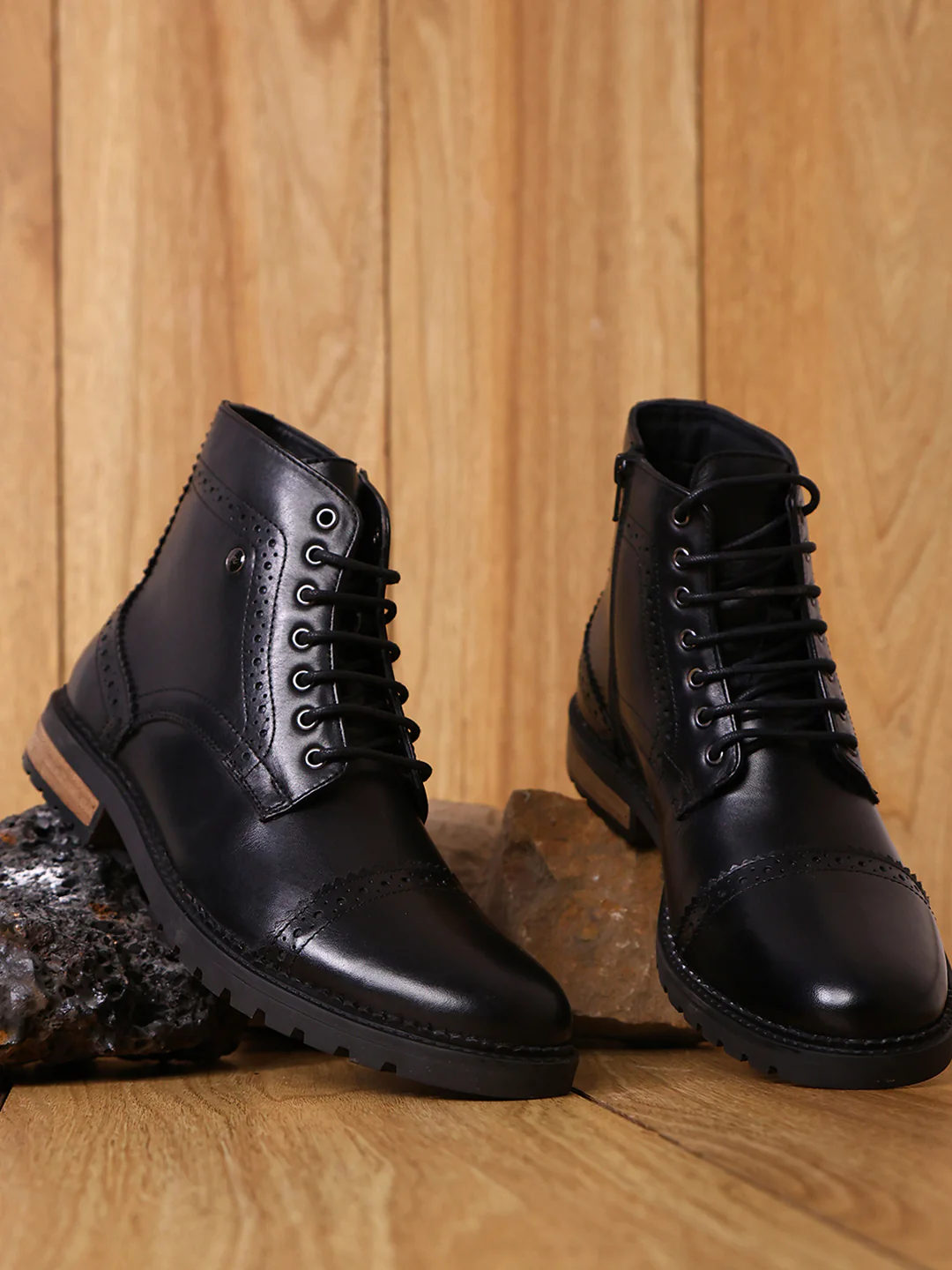 Men Black Genuine Leather Lace Up Boots - Image 10