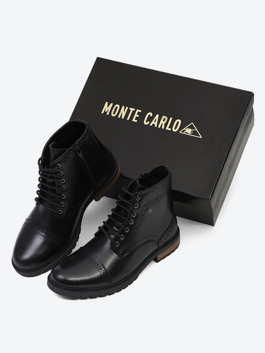 Men Black Genuine Leather Lace Up Boots - Image 2