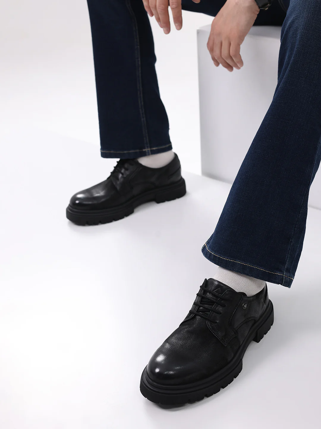 Men Black Lace Up Leather Chunky Shoes - Image 10