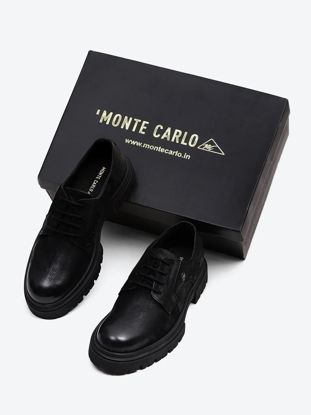 Men Black Lace Up Leather Chunky Shoes - Image 2