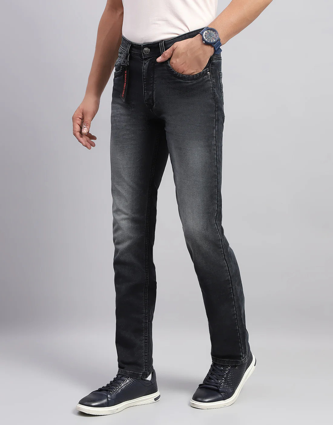 Men Black Light Wash Narrow Fit Denim - Image 3