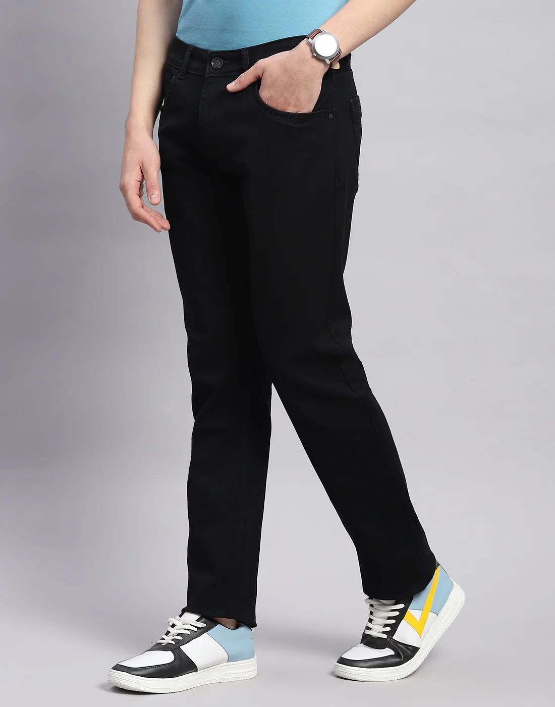 Men Black Light Wash Straight Fit Denim - Image 3