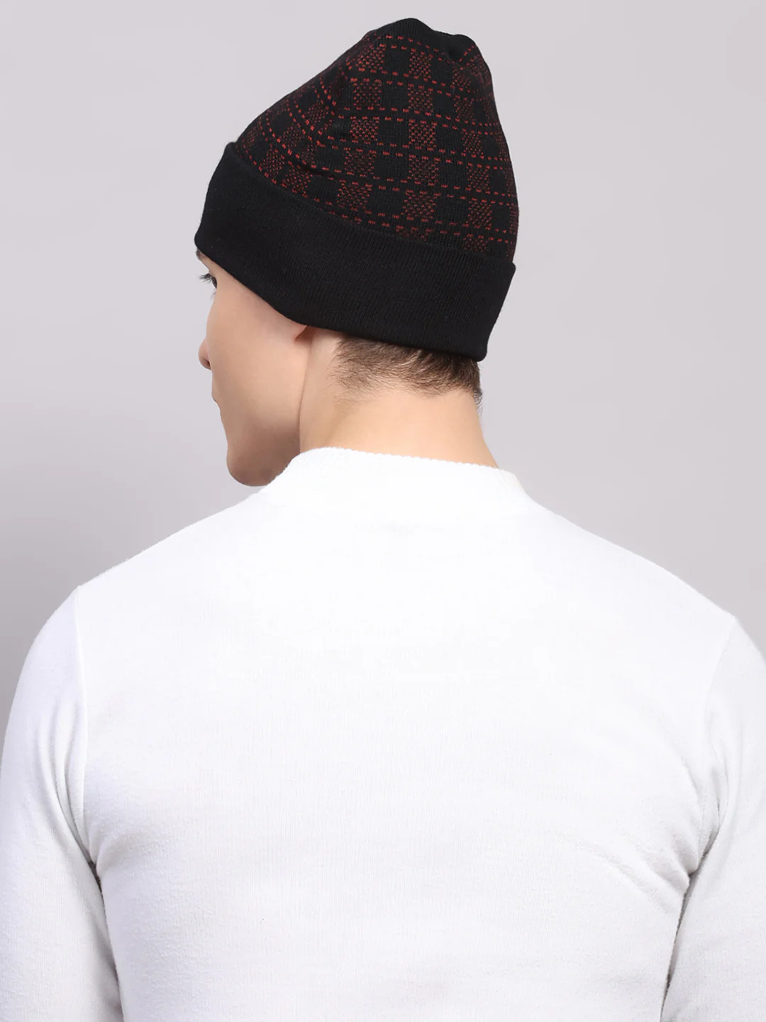 Men Black Printed Blend Wool Cap - Image 5