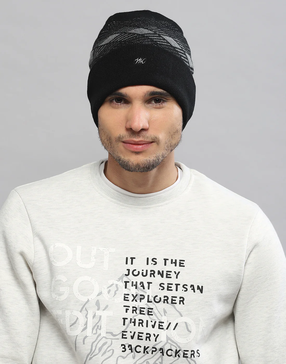 Men Black Printed Blend Wool Cap