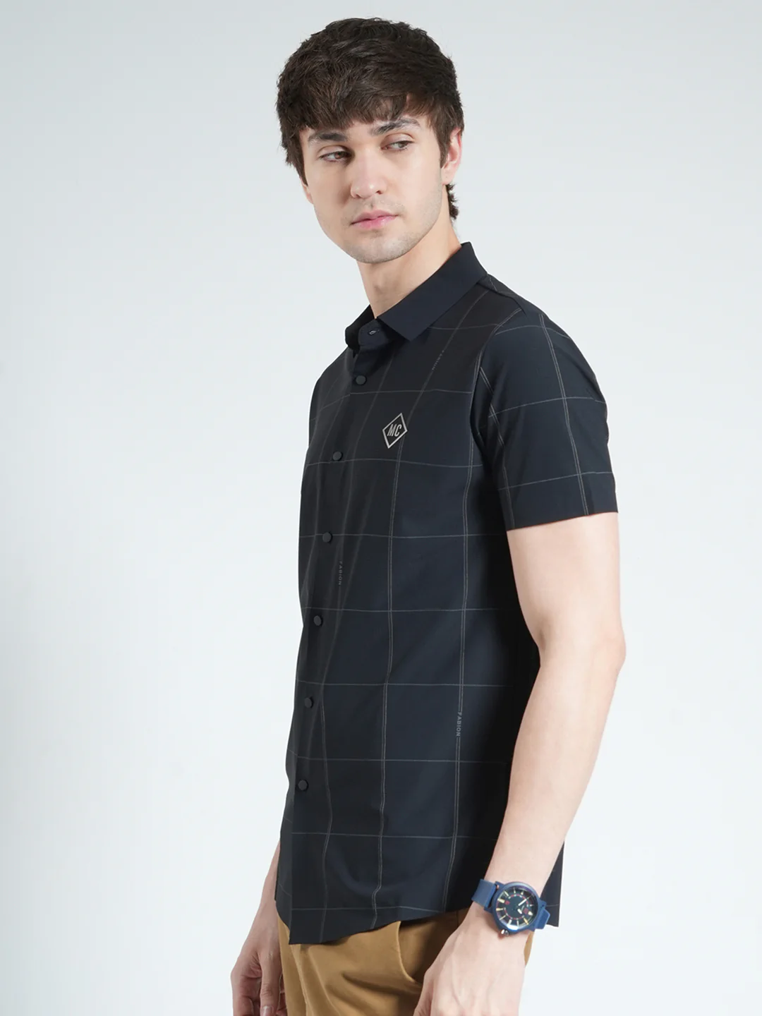 Men Black Printed Collar Half Sleeve Shirt - Image 3