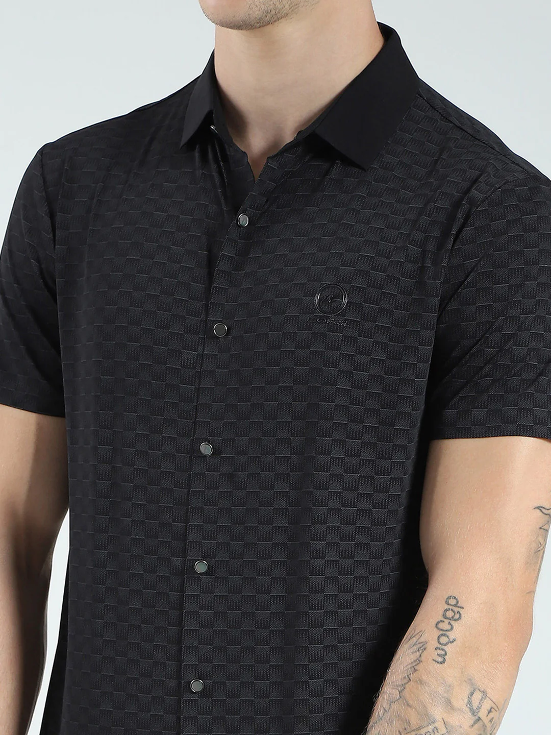 Men Black Printed Collar Half Sleeve Shirt - Image 7