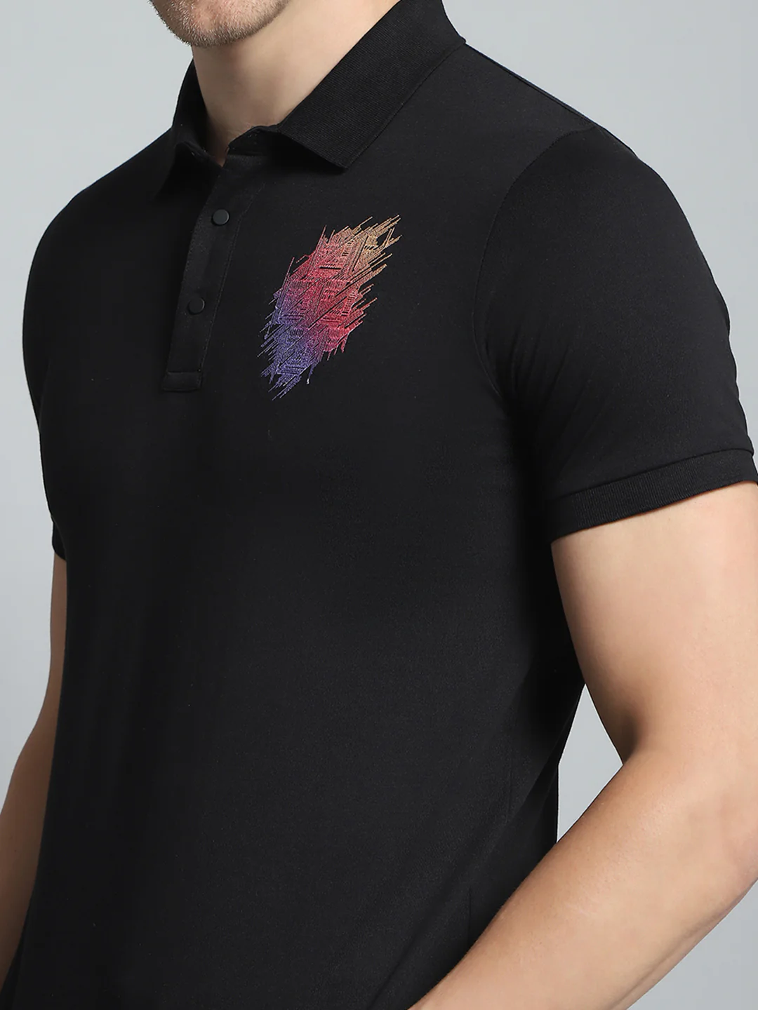 Men Black Printed Collar Half Sleeve T-Shirt - Image 7