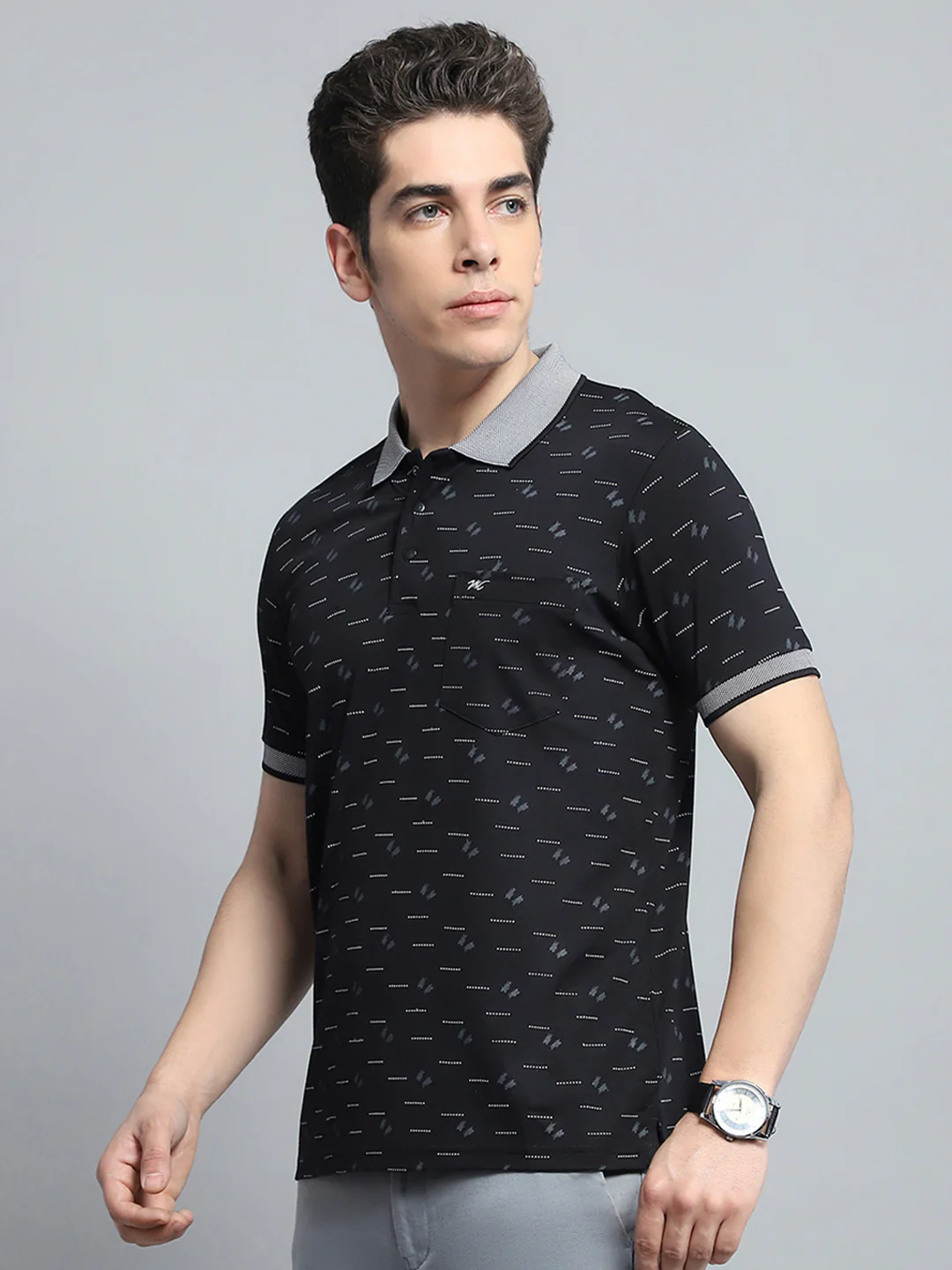 Men Black Printed Collar Half Sleeve T-Shirt - Image 3