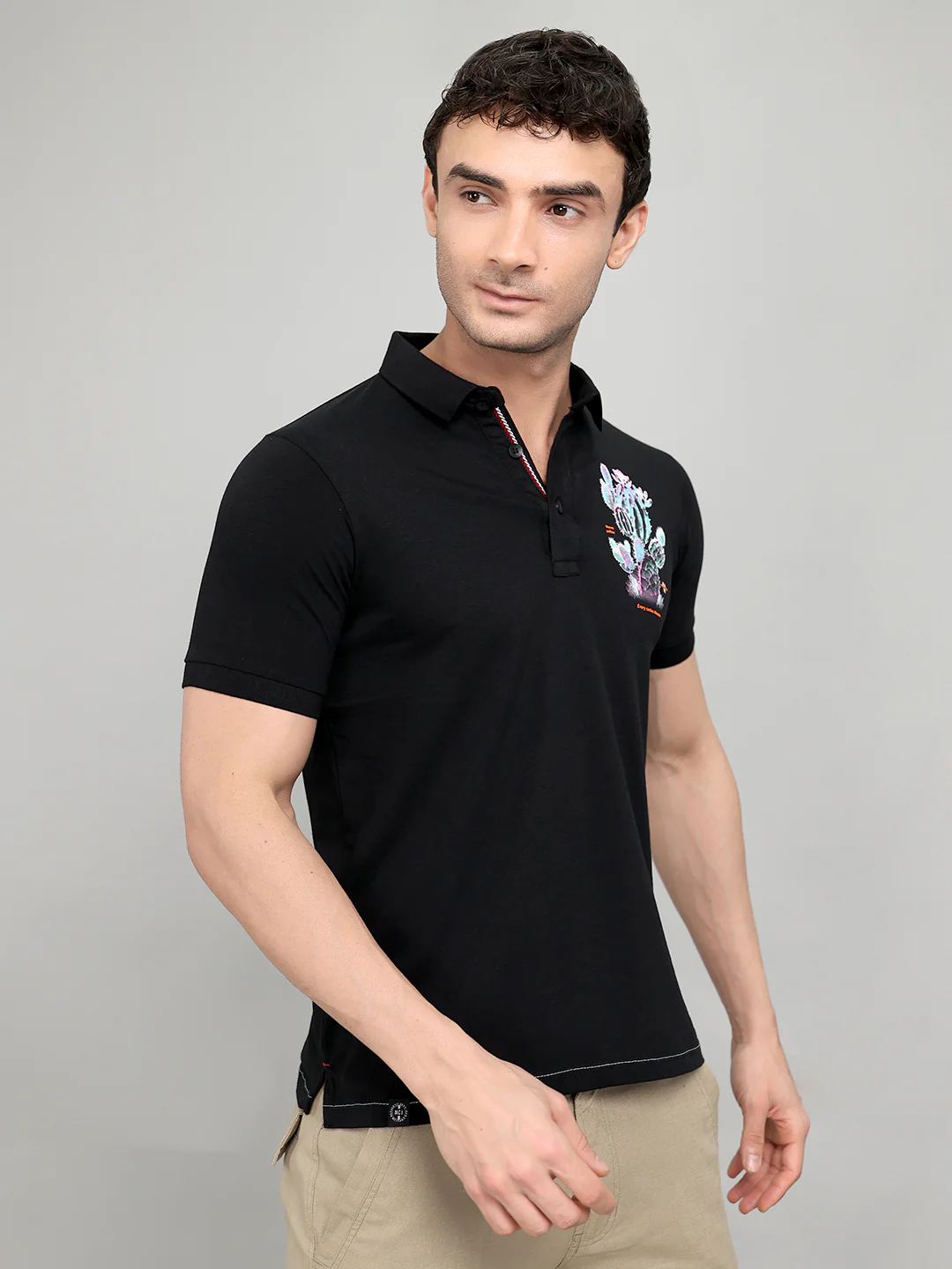 Men Black Printed Collar Half Sleeve T-Shirt - Image 3